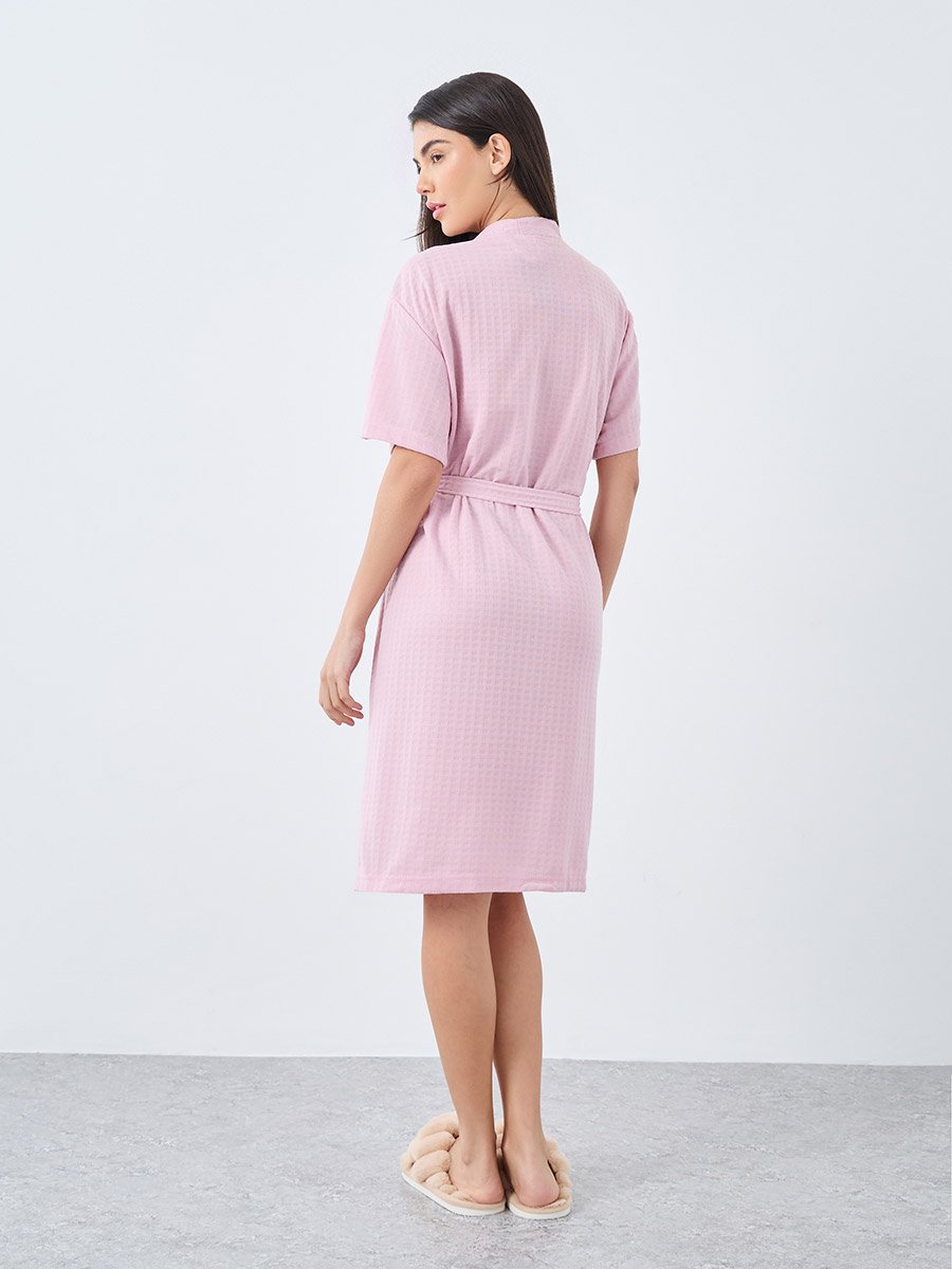 Waffle Texture Pocket Detail Short Sleeves Robe