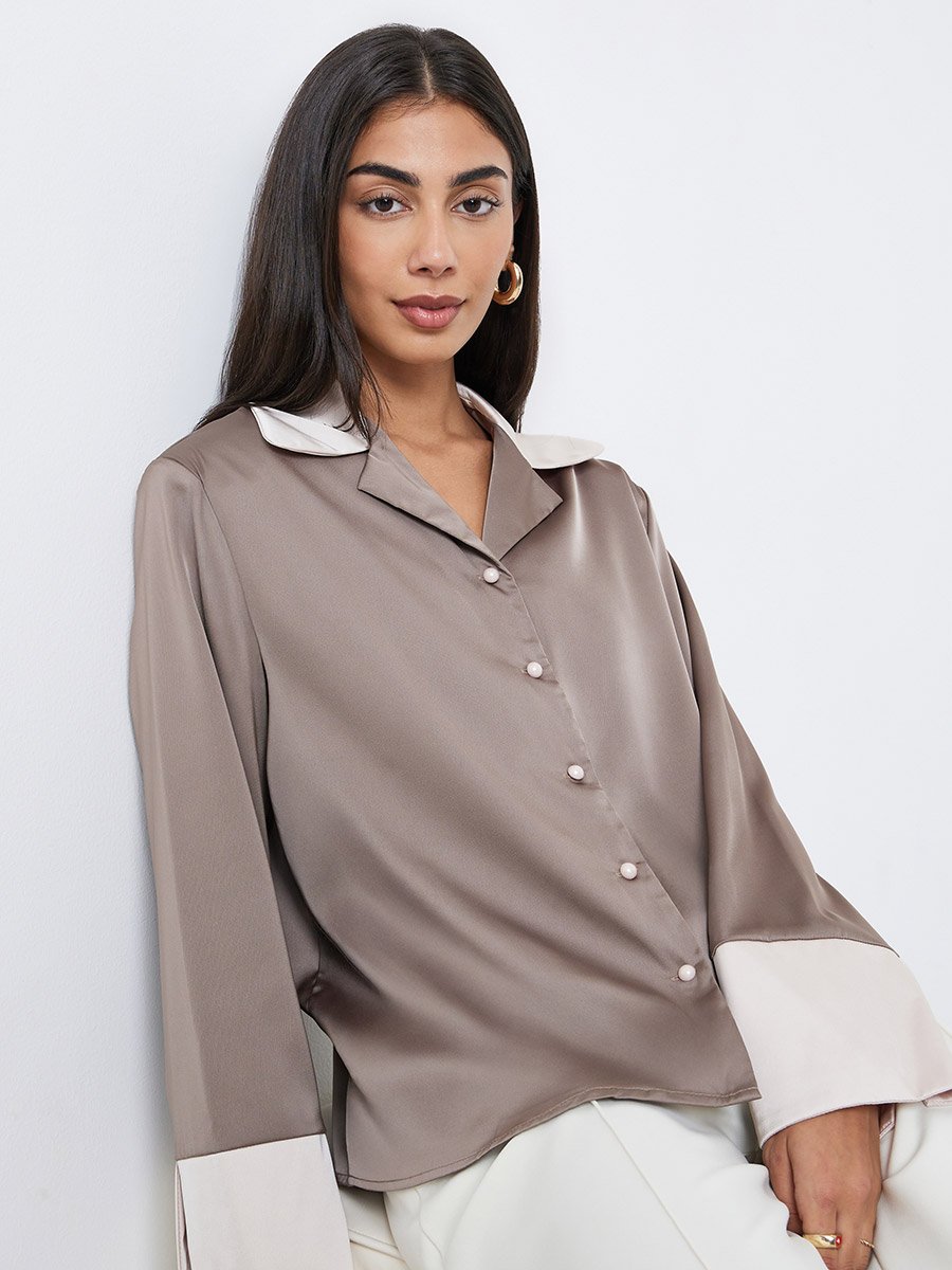 Brown Long Sleeve Shirt with Contrast Collar