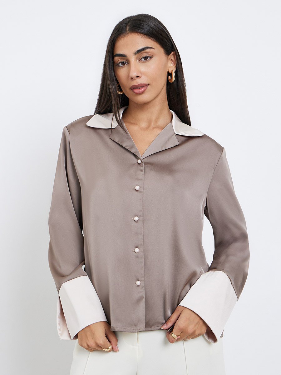 Brown Long Sleeve Shirt with Contrast Collar