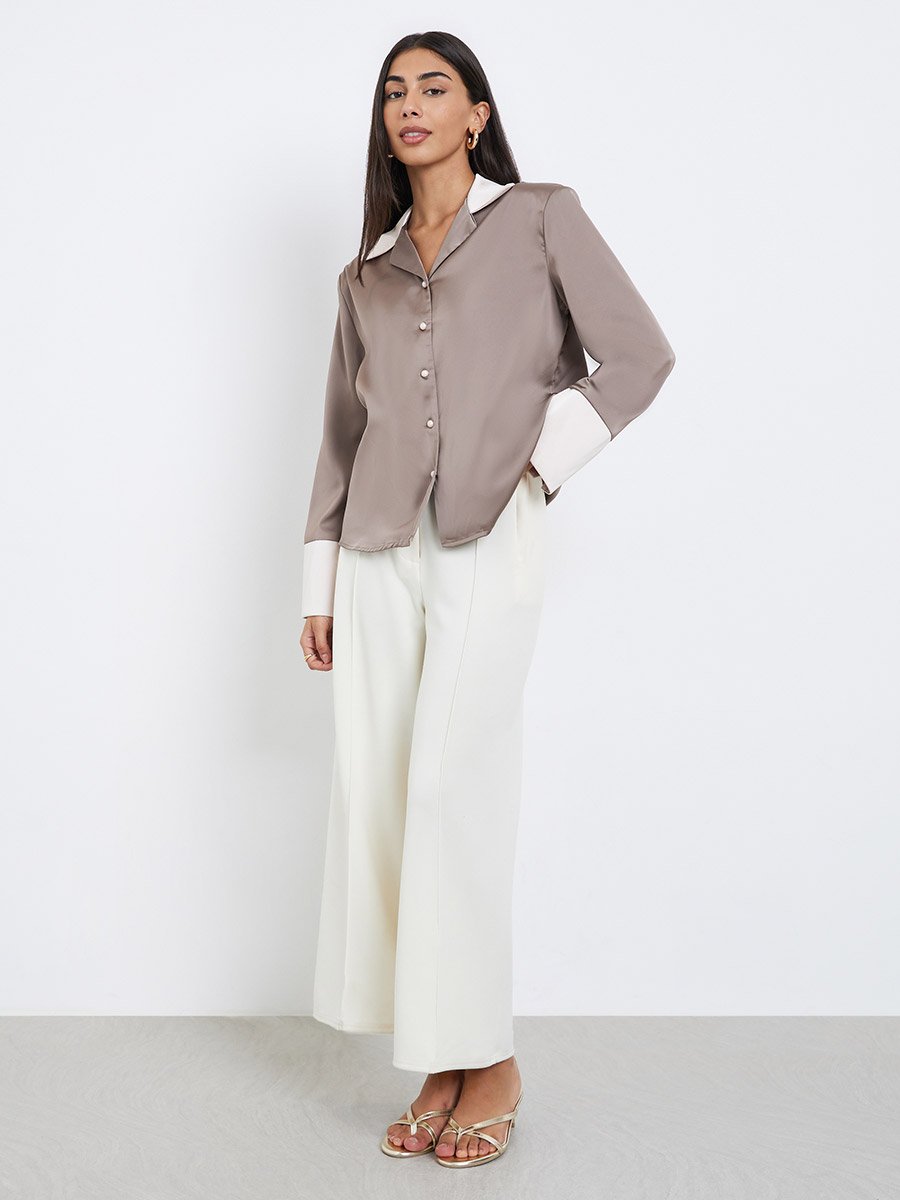 Brown Long Sleeve Shirt with Contrast Collar