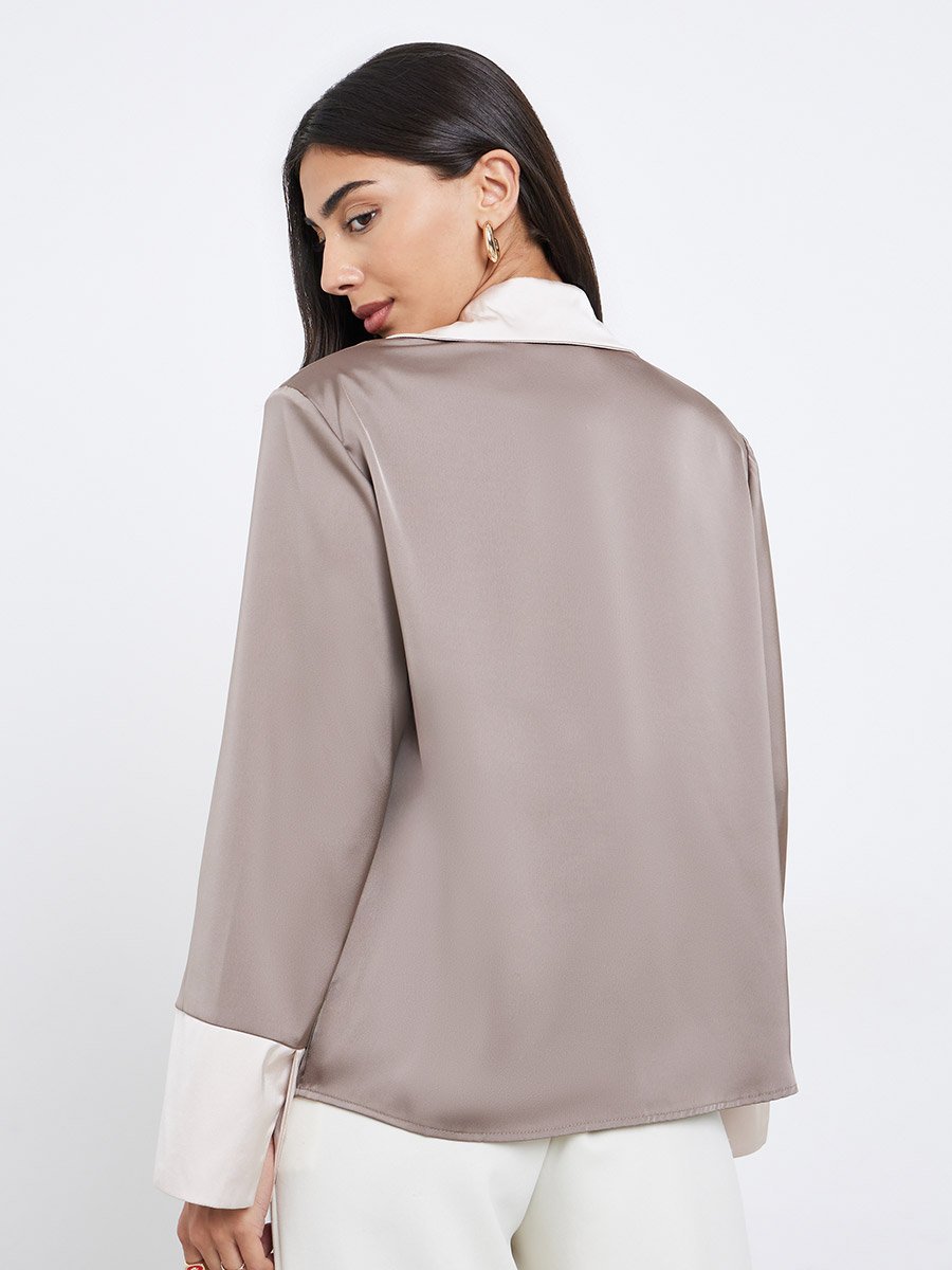Brown Long Sleeve Shirt with Contrast Collar