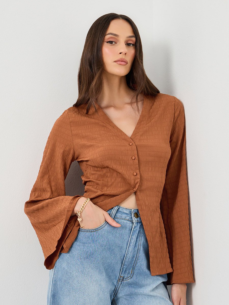 Brown Textured V-Neck Button Flared Sleeve Shirt