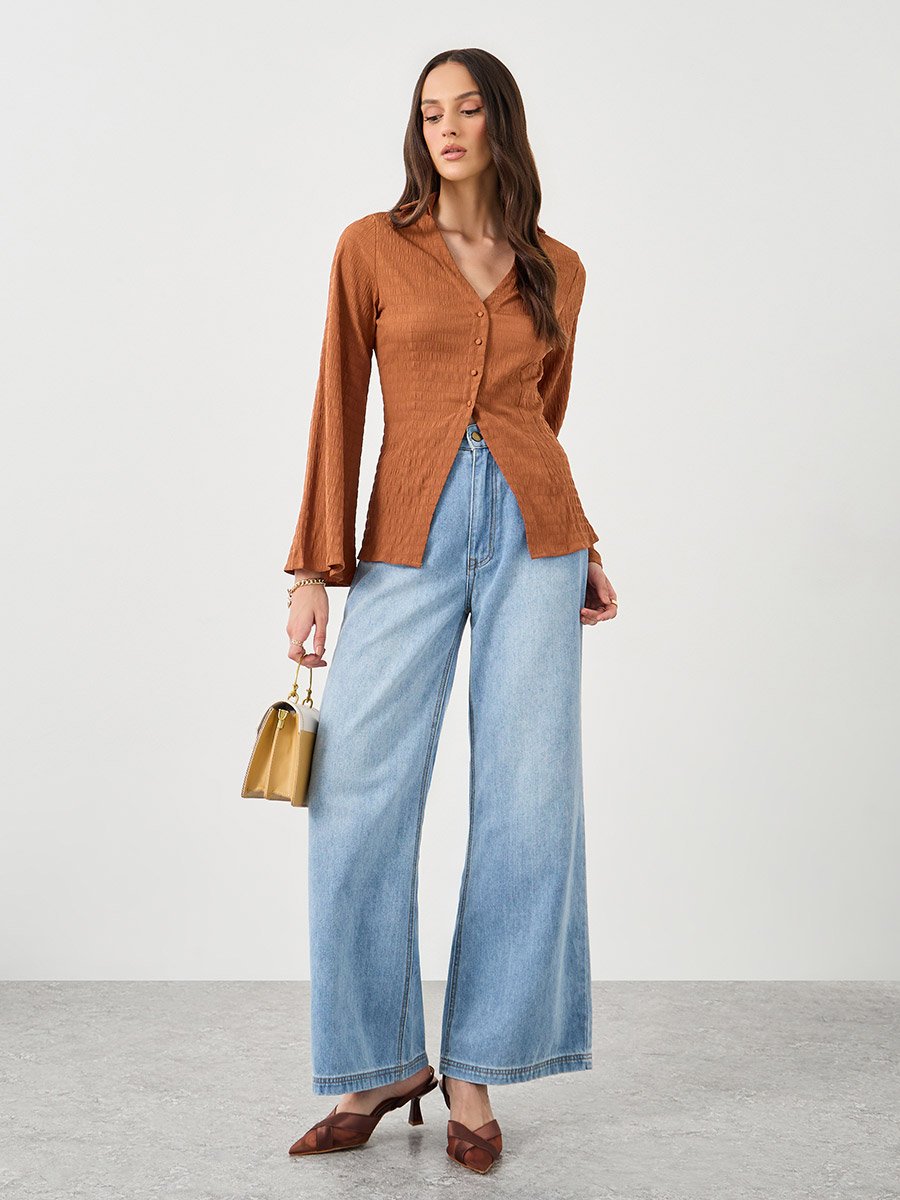 Brown Textured V-Neck Button Flared Sleeve Shirt