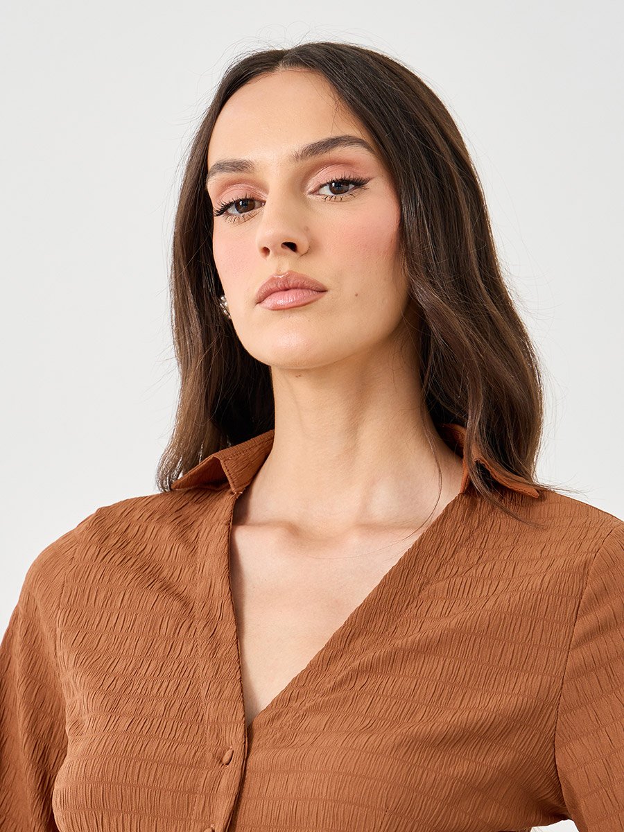 Brown Textured V-Neck Button Flared Sleeve Shirt