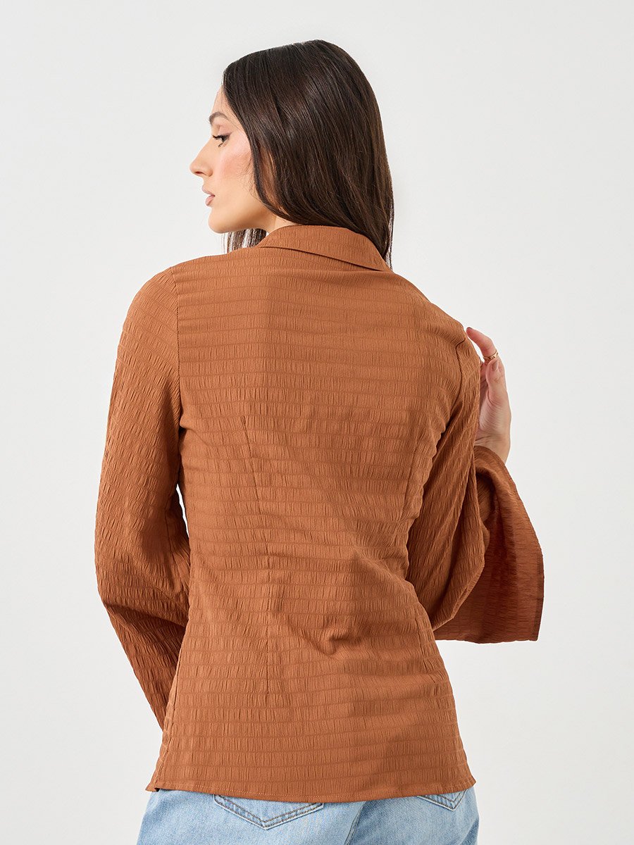Brown Textured V-Neck Button Flared Sleeve Shirt
