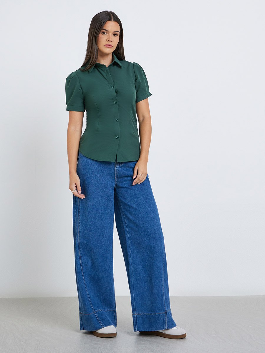 Spread Collar Puff Sleeve Buttoned Shirt