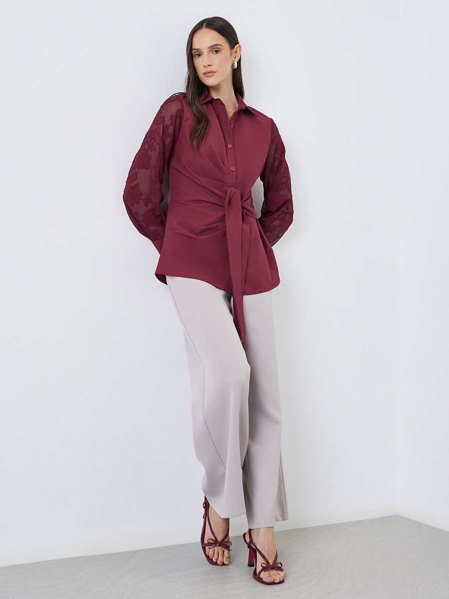 Front Knot Lace Long Sleeve Buttoned Shirt