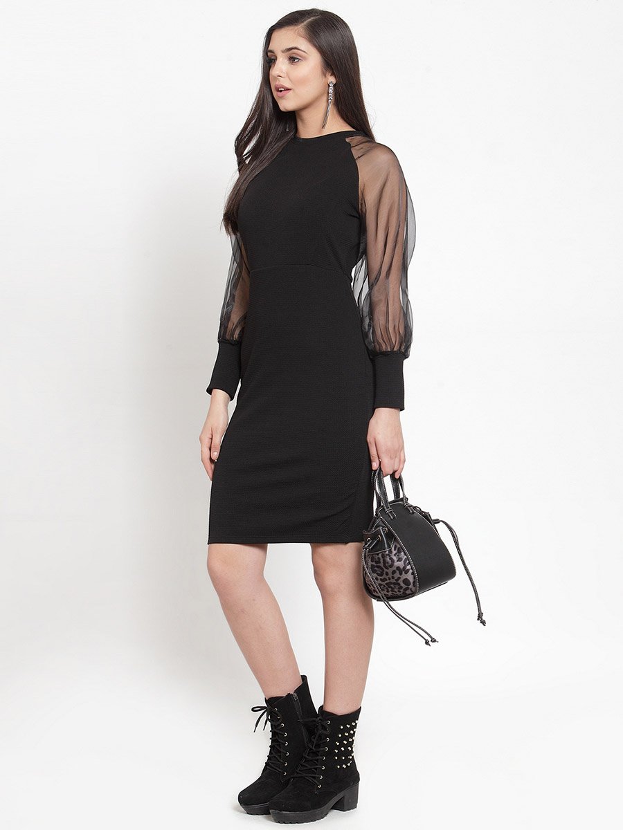 Solid Mesh Balloon Sleeve Sheath Mini Dress For Women at Bahrain | Styli Solid Mesh Balloon Sleeve Sheath Mini Dress For Women at Bahrain | Styli