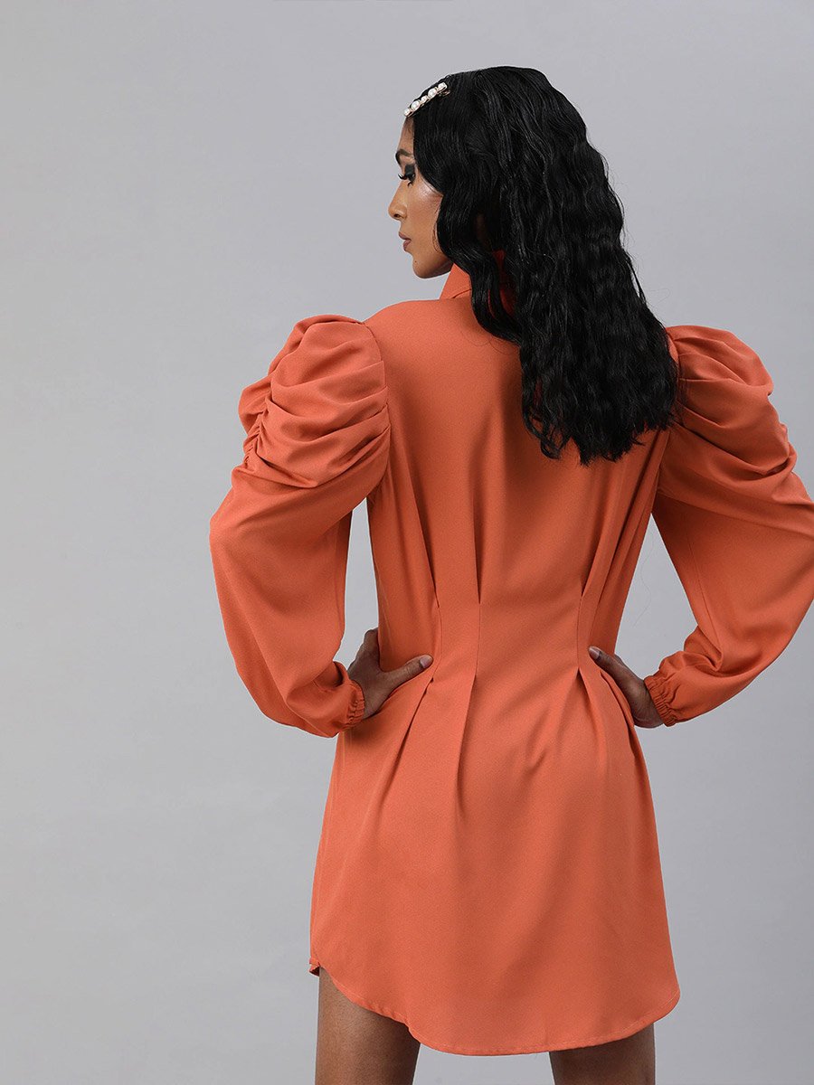 Solid Rust Orange Puff Ruched Sleeve Shirt Mini Dress