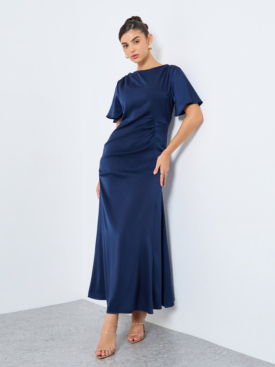 Satin Gathered Detail A-Line Maxi Dress