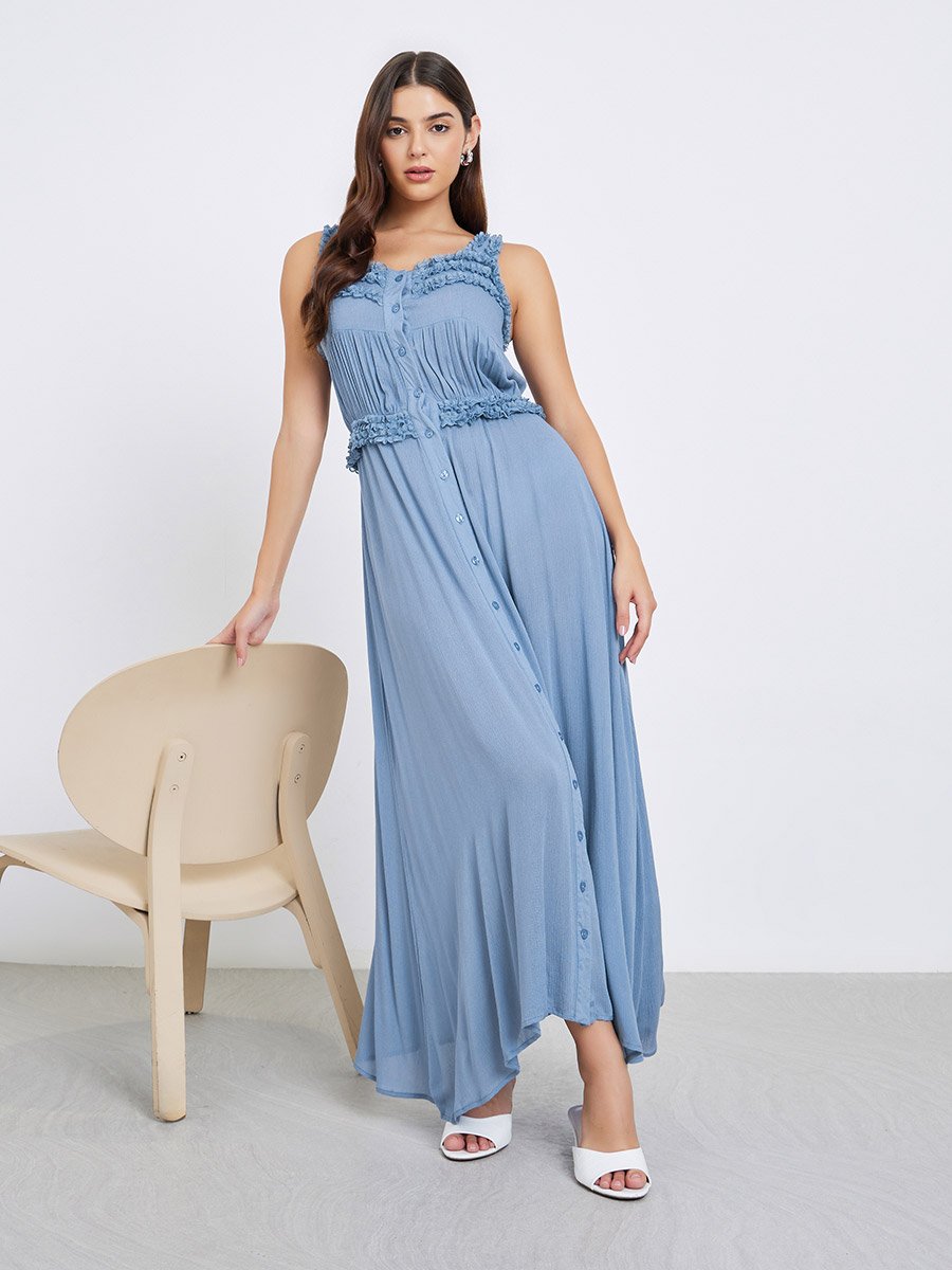 本日限定　crinkled layered dress Crinkled Rayon Strappy Maxi Dress For Women at Saudi | Styli