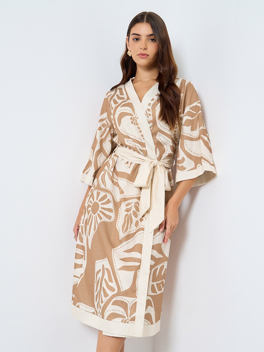 All-Over Print Wrap Midi Dress with Waist Tie