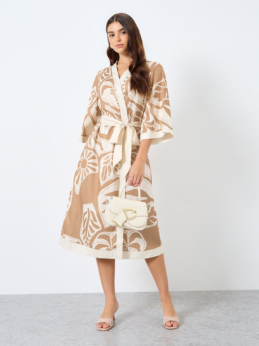 All-Over Print Wrap Midi Dress with Waist Tie