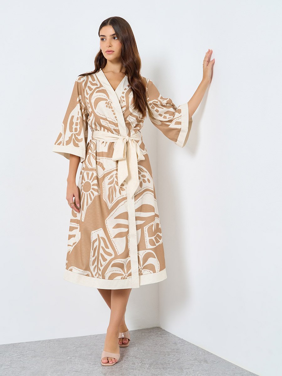 All-Over Print Wrap Midi Dress with Waist Tie