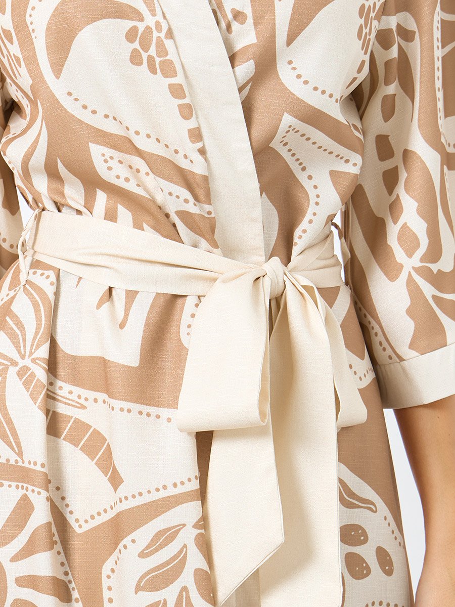 All-Over Print Wrap Midi Dress with Waist Tie