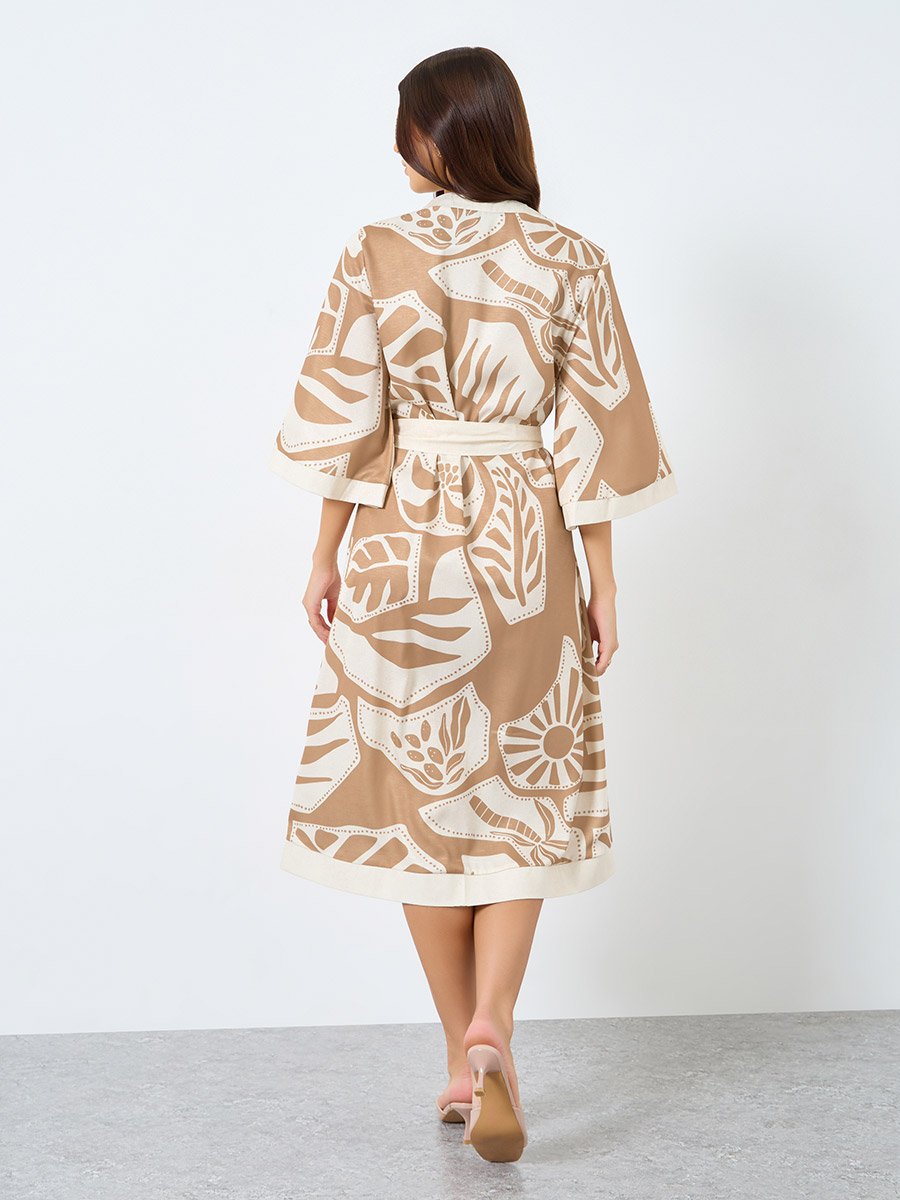 All-Over Print Wrap Midi Dress with Waist Tie