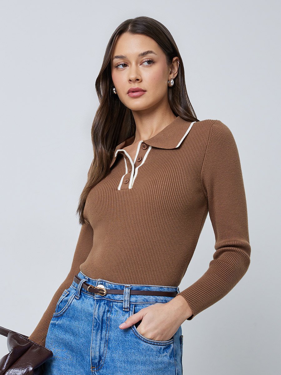 Brown Textured Ribbed Fitted Polo Top