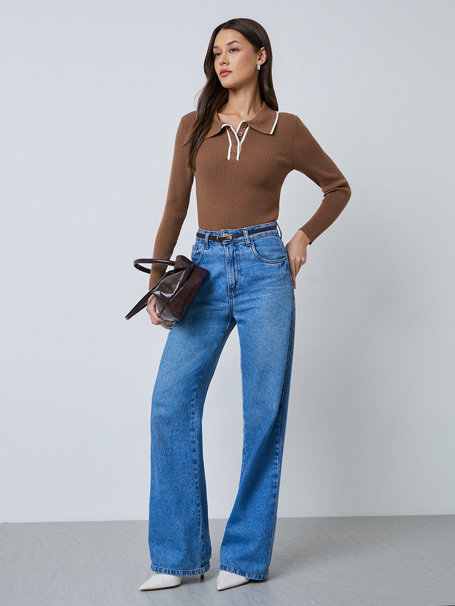 Brown Textured Ribbed Fitted Polo Top