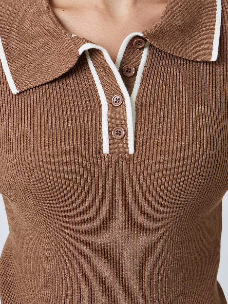 Brown Textured Ribbed Fitted Polo Top