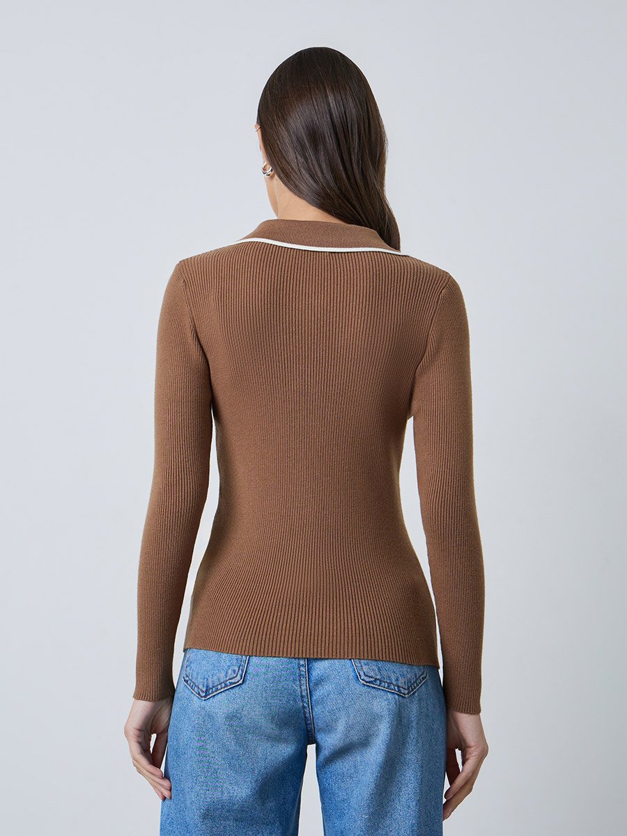 Brown Textured Ribbed Fitted Polo Top