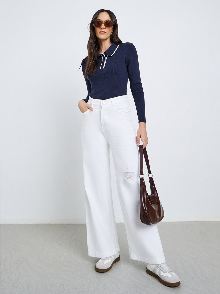 Textured Ribbed Long Sleeve Polo Top