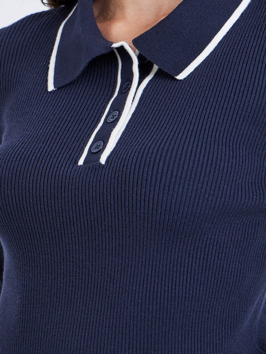 Textured Ribbed Long Sleeve Polo Top