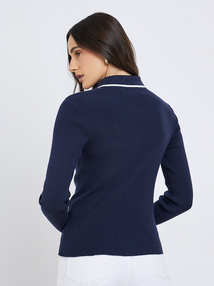 Textured Ribbed Long Sleeve Polo Top