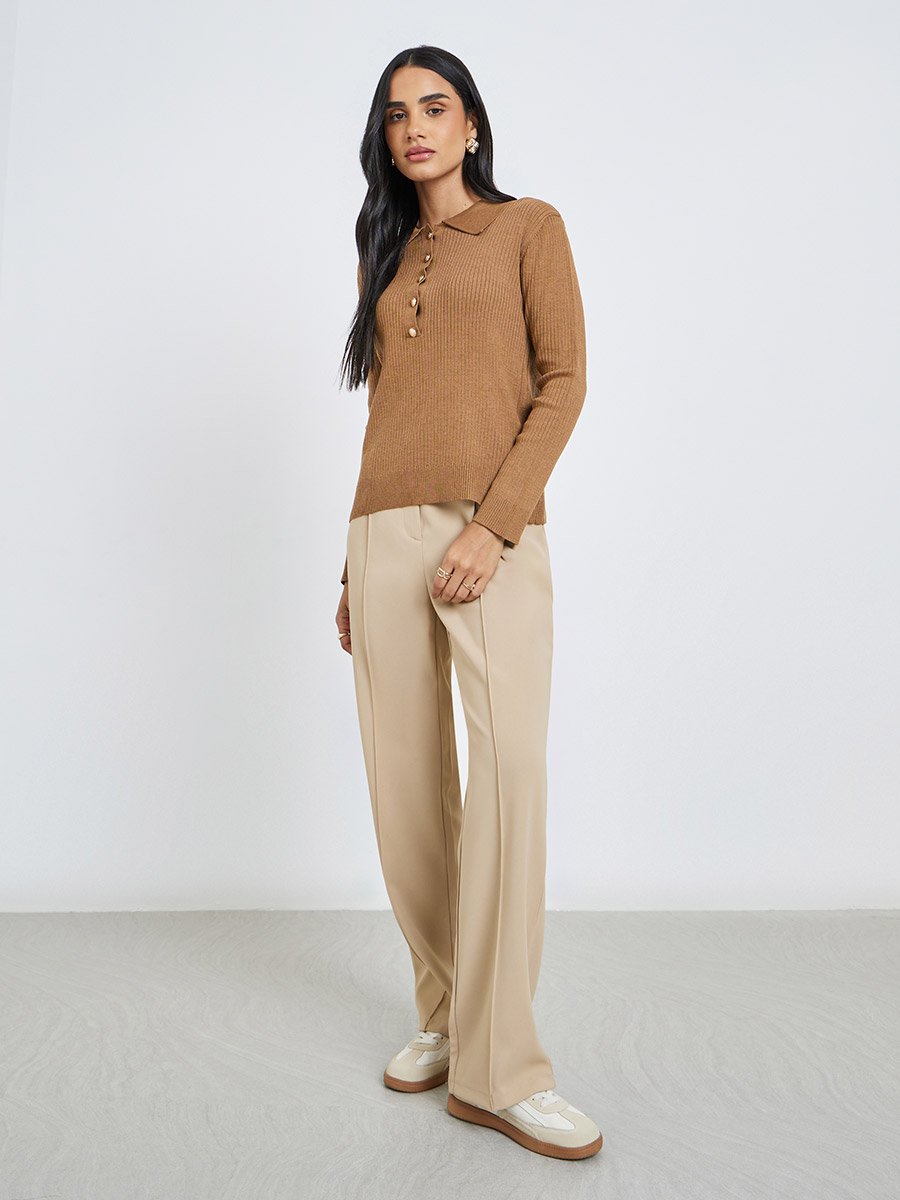 Women Brown Ribbed Knit Polo Top