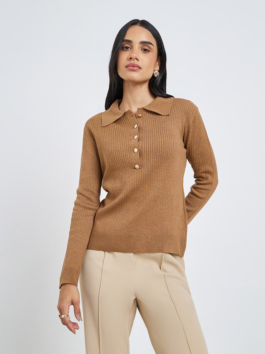 Women Brown Ribbed Knit Polo Top