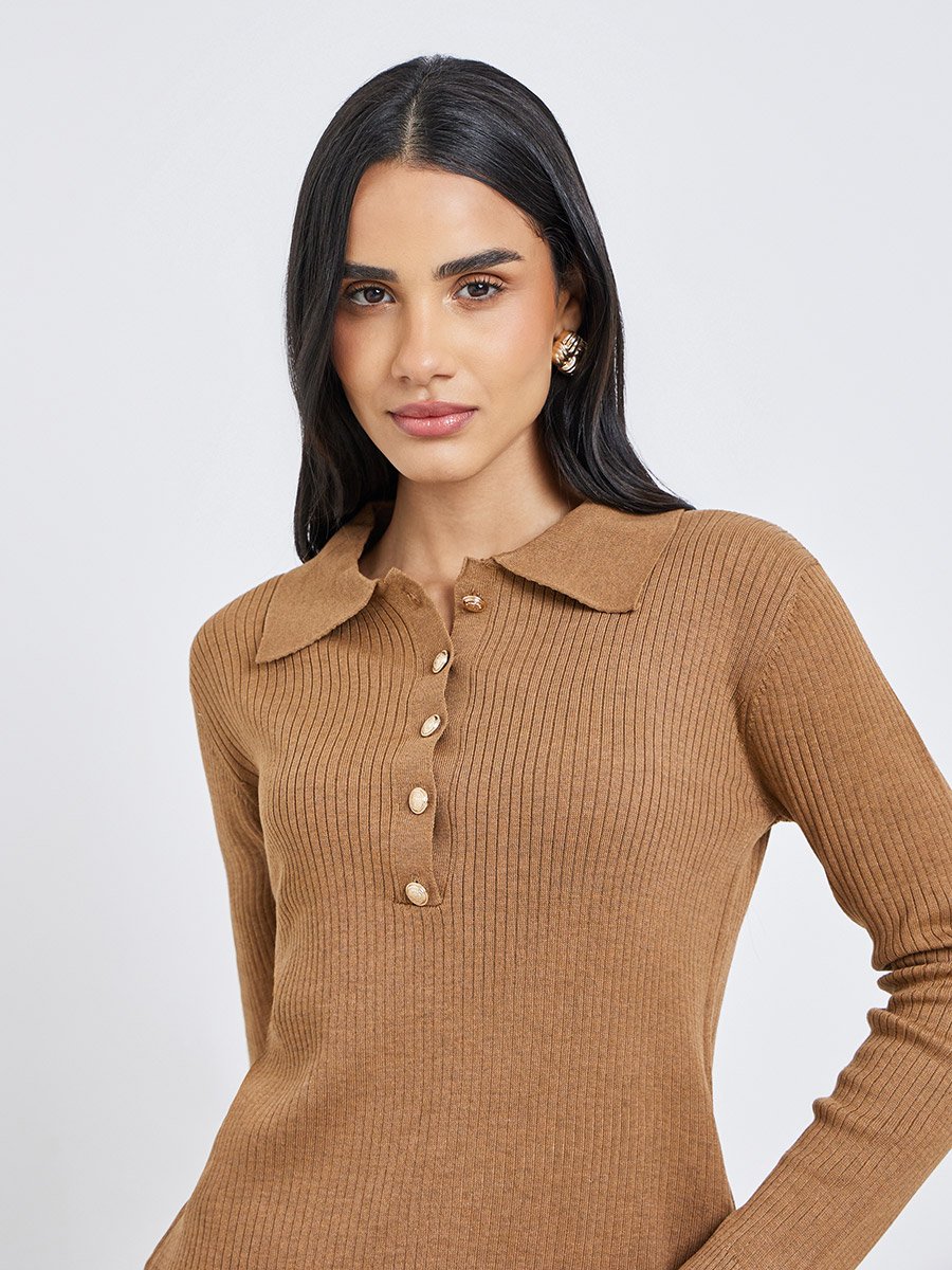 Women Brown Ribbed Knit Polo Top