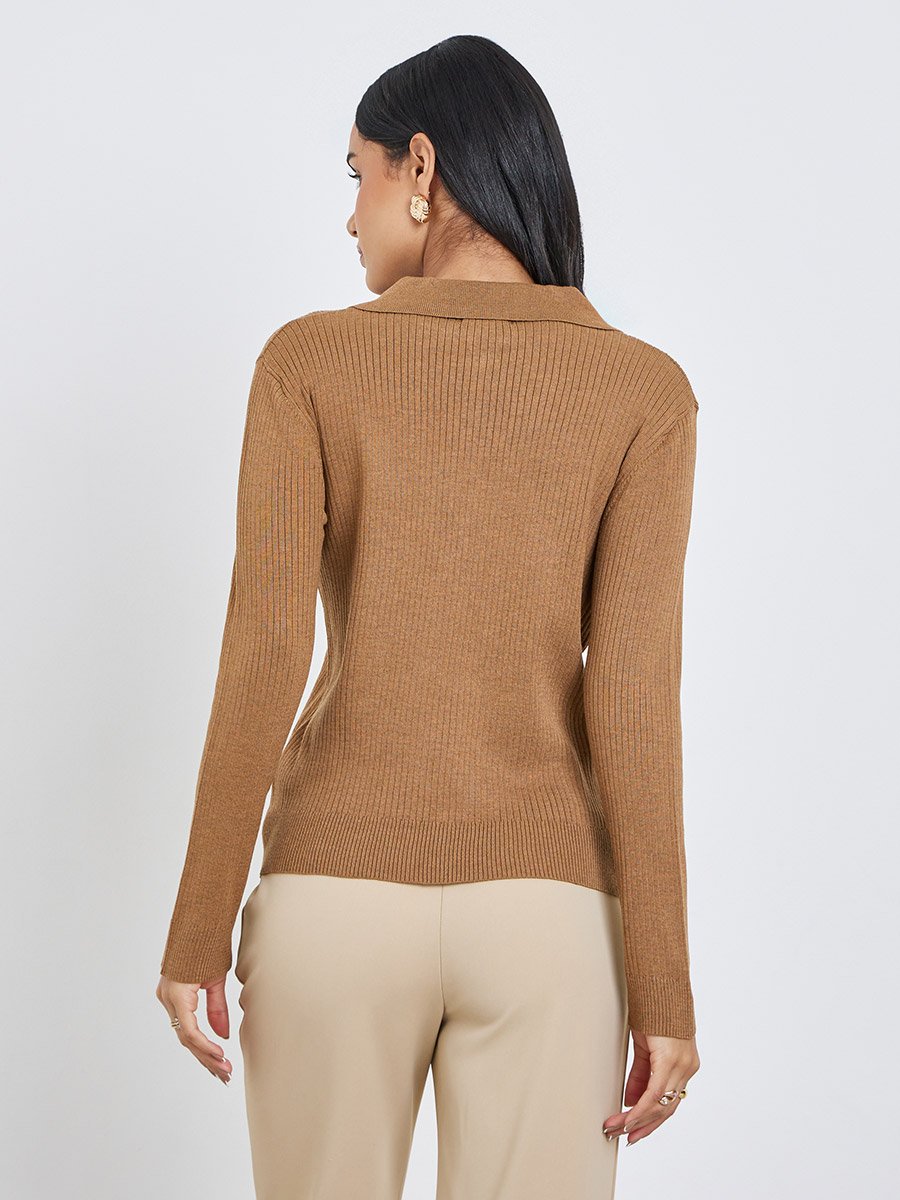 Women Brown Ribbed Knit Polo Top