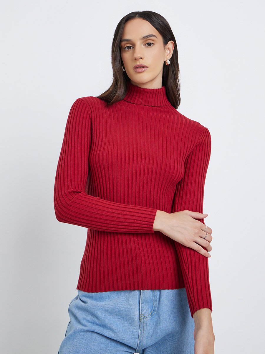 Turtle Neck Ribbed Long Sleeve Top