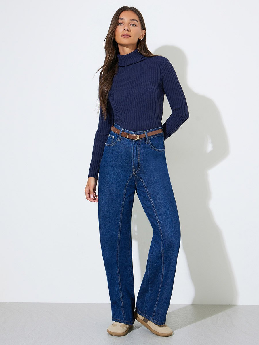 Navy Blue Ribbed Knit Turtleneck Top