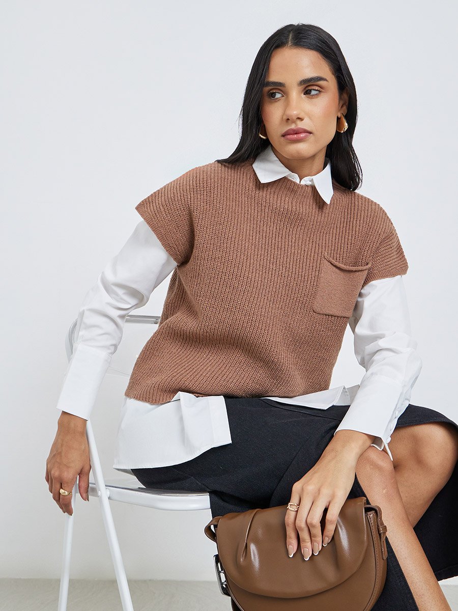 Brown Knit Vest Top with Pocket