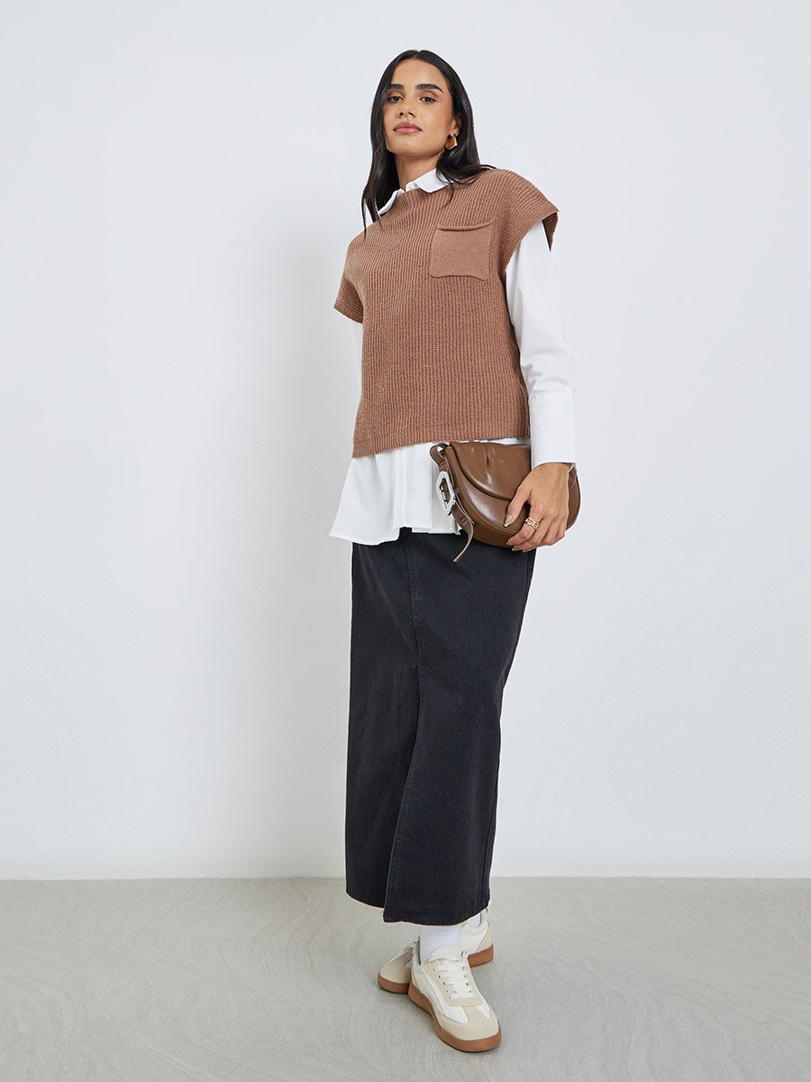 Brown Knit Vest Top with Pocket
