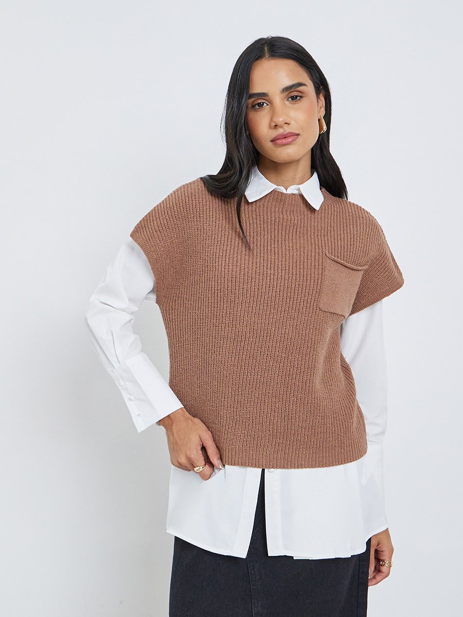 Brown Knit Vest Top with Pocket
