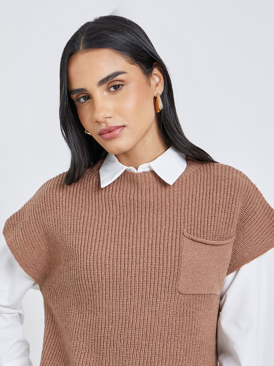 Brown Knit Vest Top with Pocket