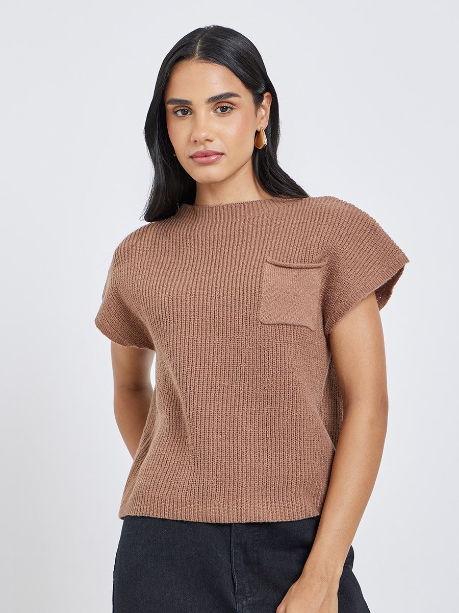 Brown Knit Vest Top with Pocket