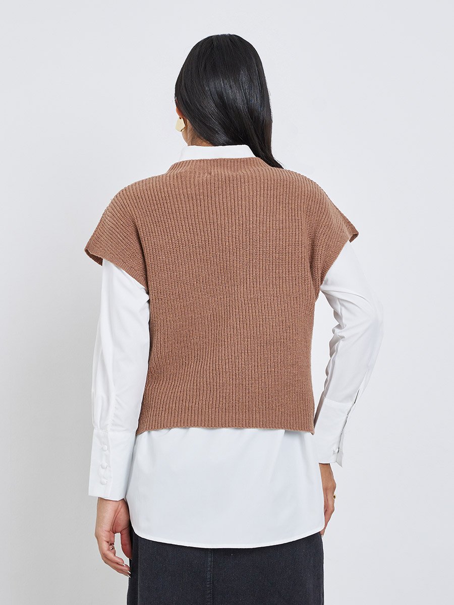 Brown Knit Vest Top with Pocket