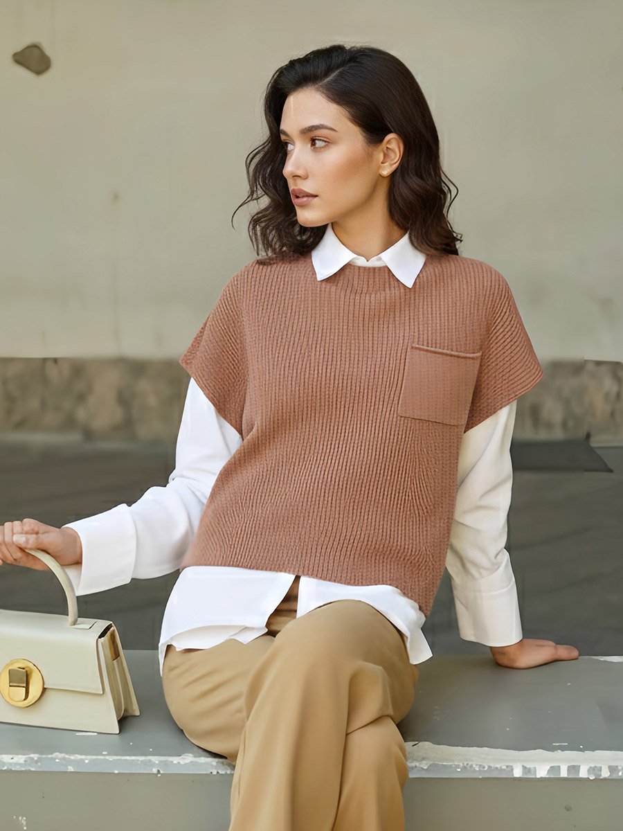 Brown Knit Vest Top with Pocket
