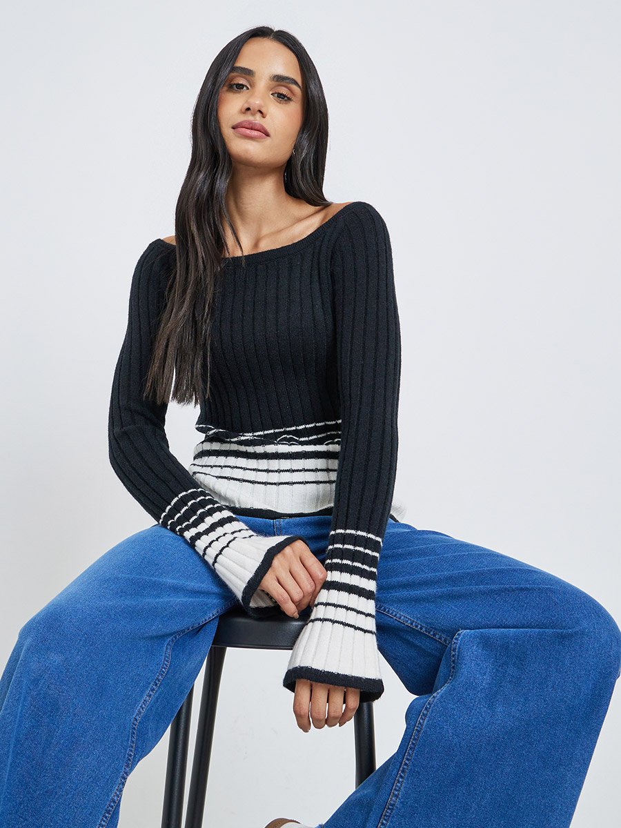 Black Striped Knit Long Sleeve Top