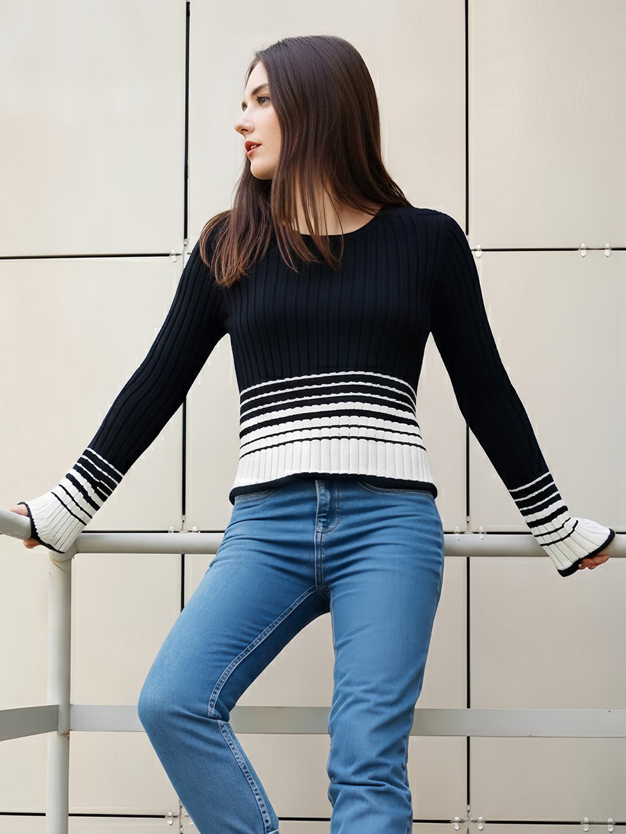 Black Striped Knit Long Sleeve Top