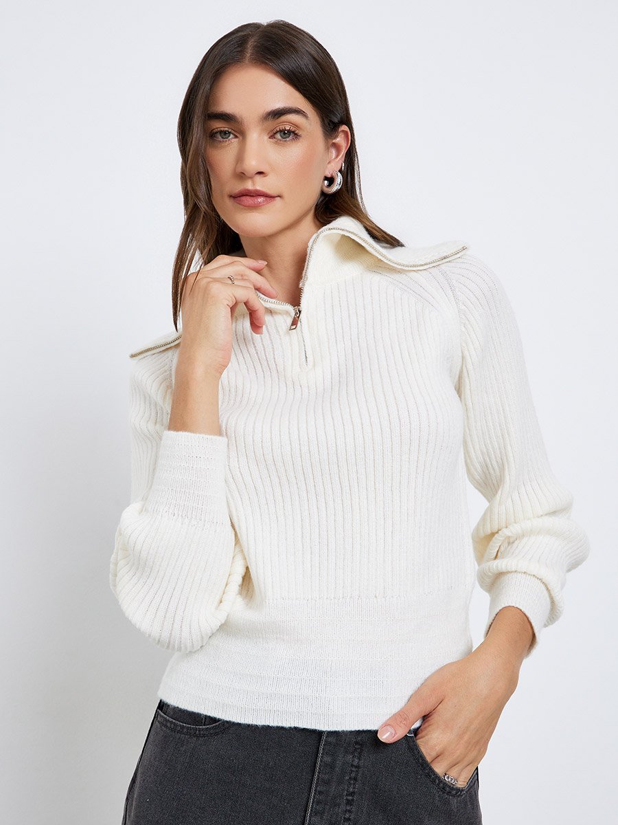Off White Ribbed Knit Top with Quarter-Zip