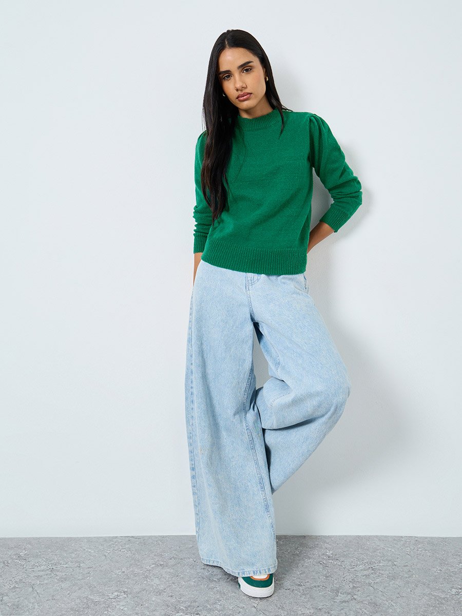 Green Solid Puff Sleeve Knit Top