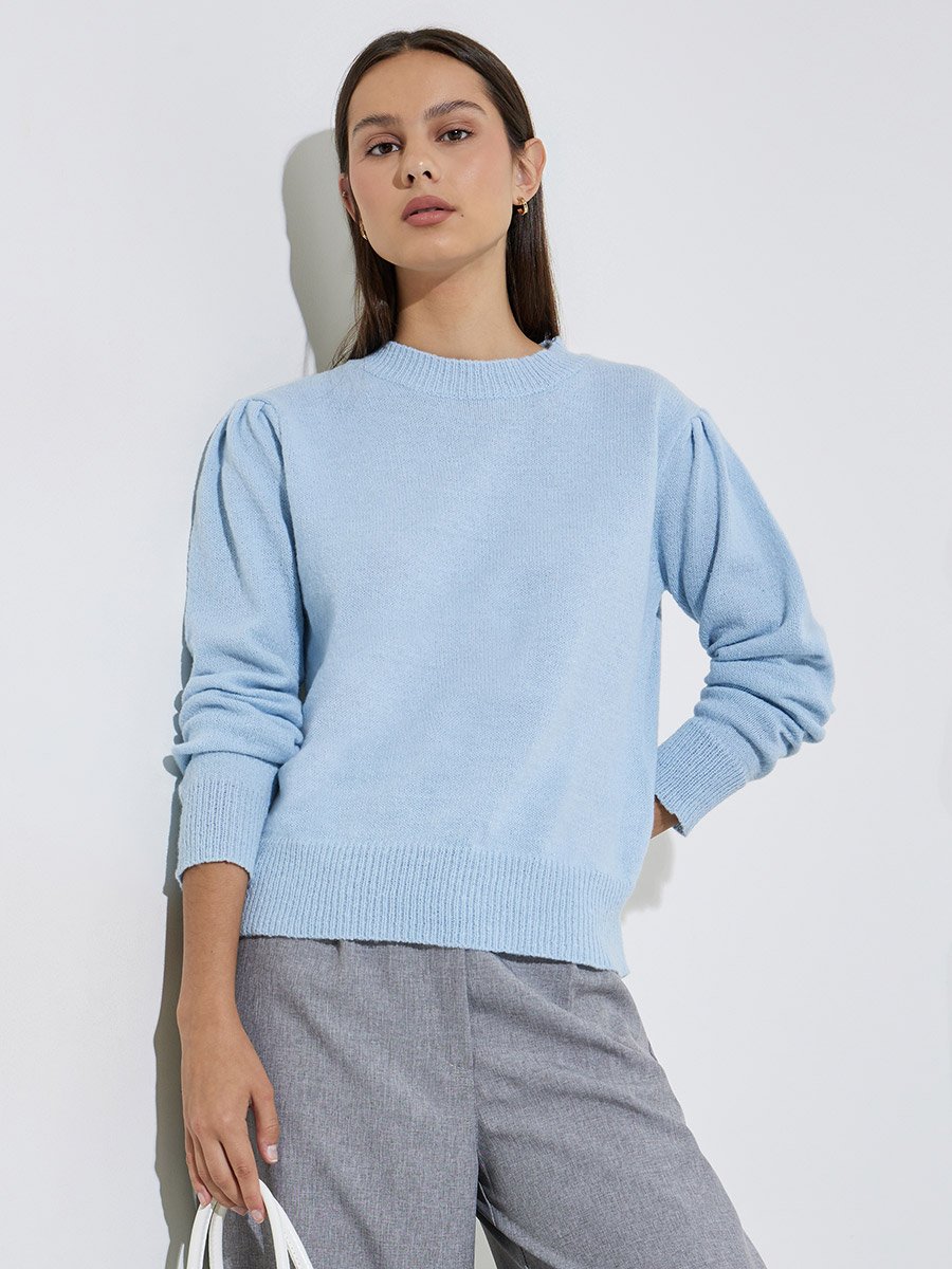 Light Blue Solid Puff Sleeve Knit Top