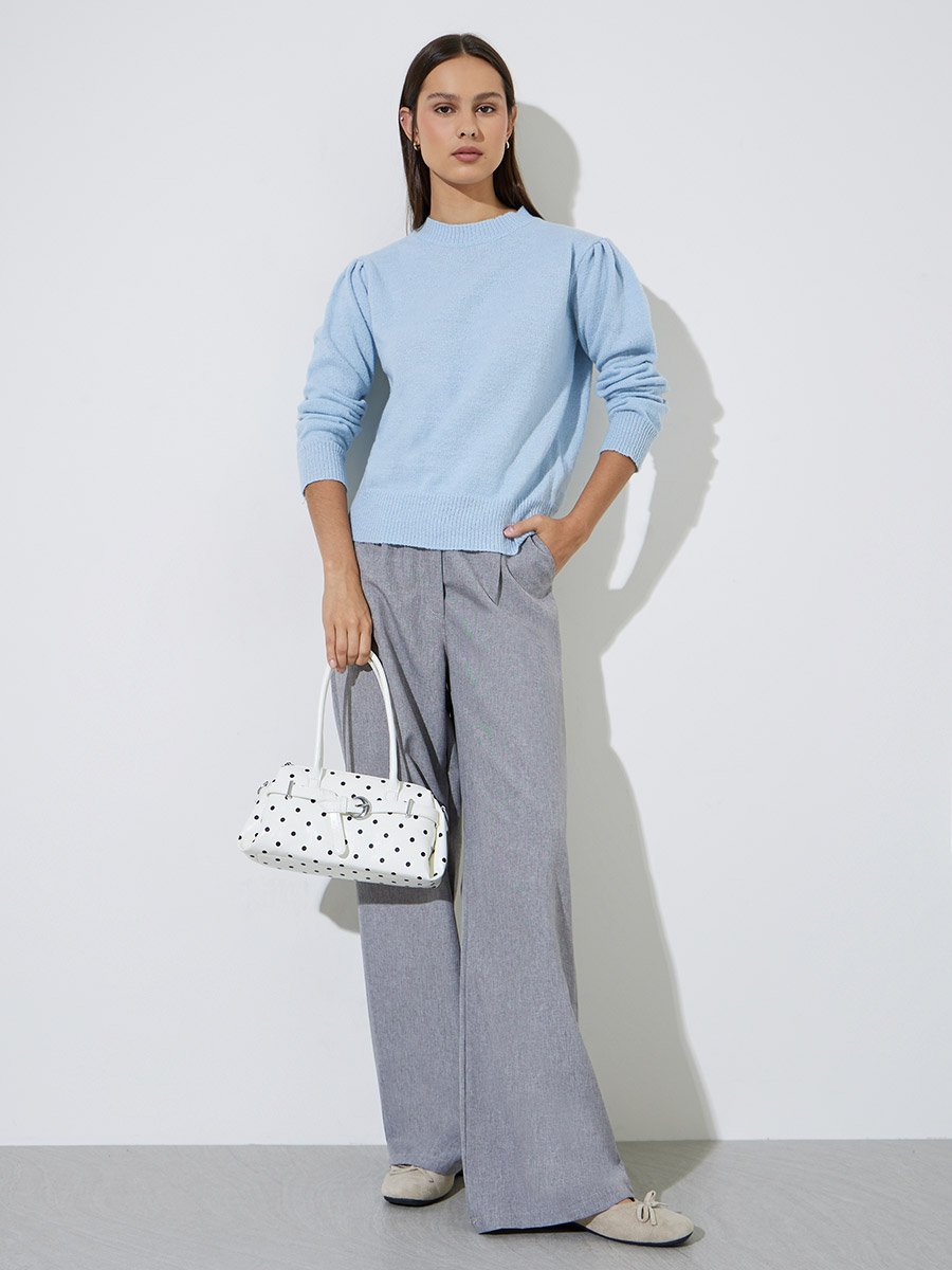 Light Blue Solid Puff Sleeve Knit Top