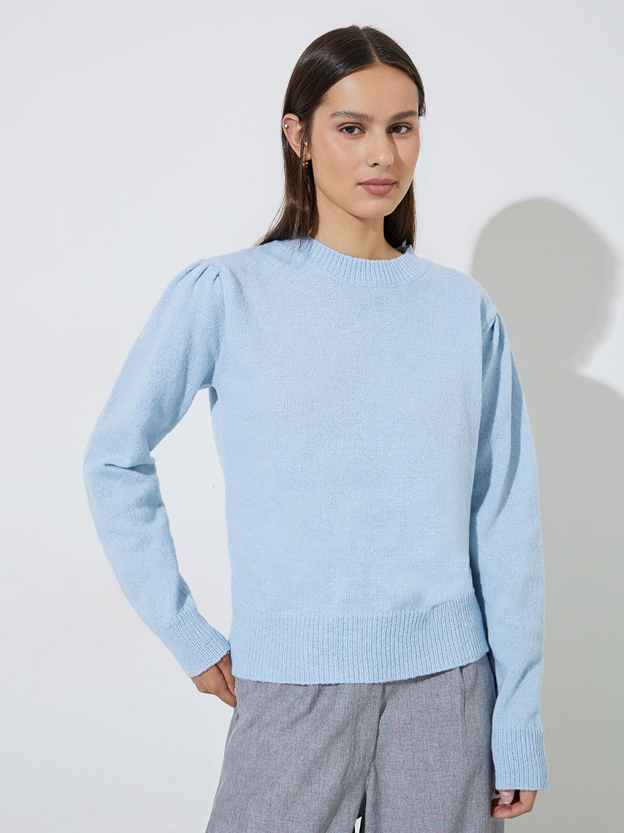 Light Blue Solid Puff Sleeve Knit Top