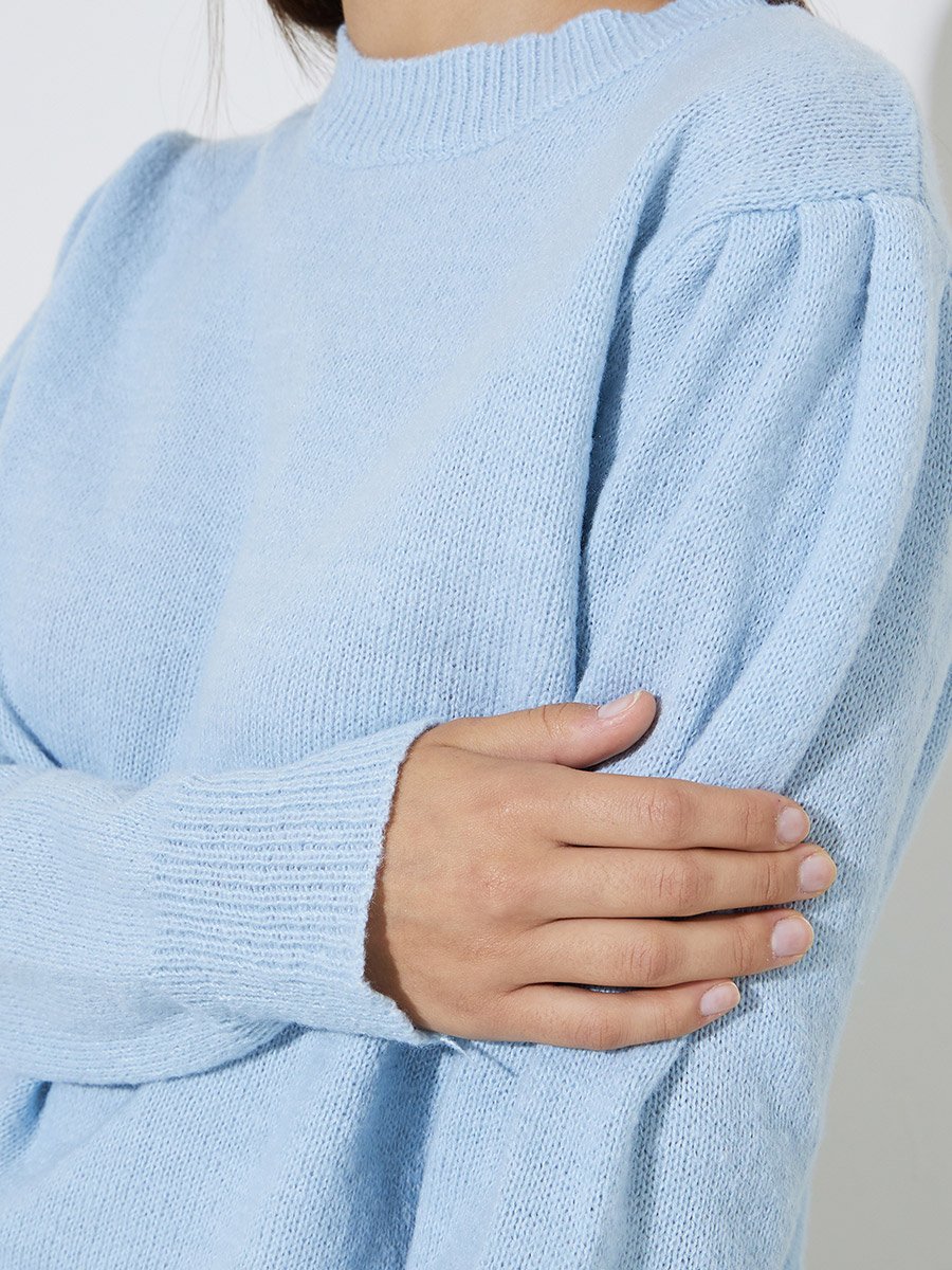Light Blue Solid Puff Sleeve Knit Top