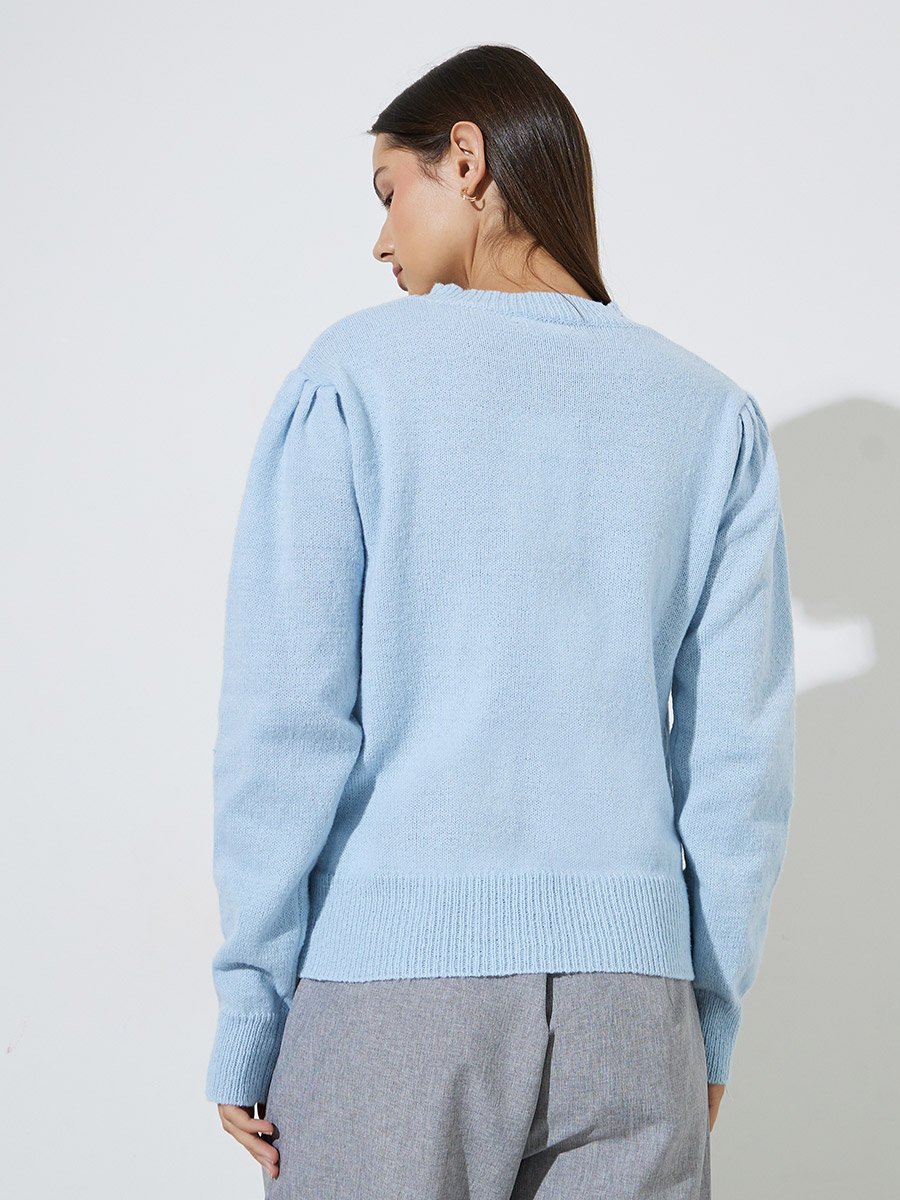 Light Blue Solid Puff Sleeve Knit Top