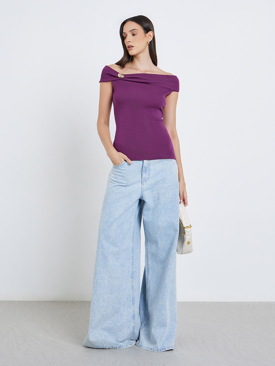 Purple Off-Shoulder Knit Top